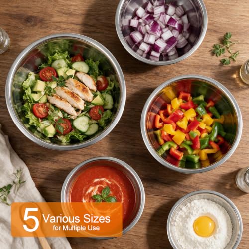 5PCS Stainless Steel Mixing Bowls Set with Colorful Silicone Non-Slip Bases - 1.5 to 5.3 Quarts