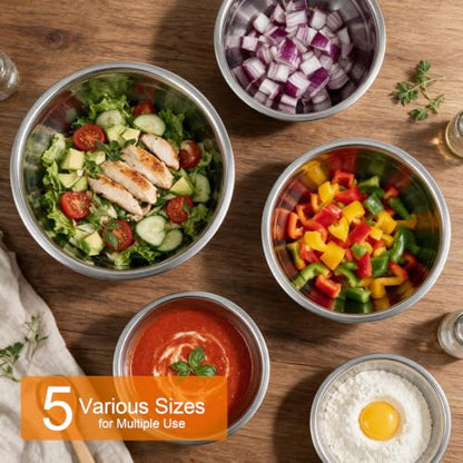 5PCS Stainless Steel Mixing Bowls Set with Colorful Silicone Non-Slip Bases - 1.5 to 5.3 Quarts