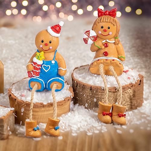 Christmas Gingerbread Man Figurines Set of 2 - Resin Decor with Dangling Legs
