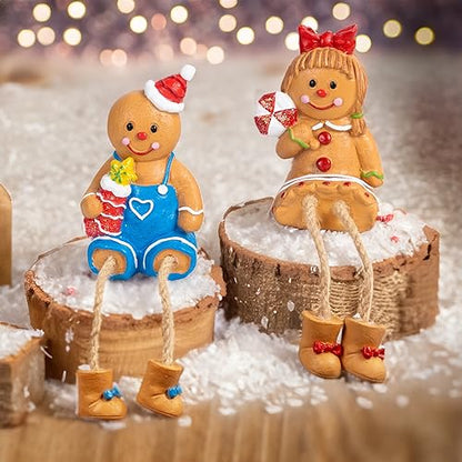 Christmas Gingerbread Man Figurines Set of 2 - Resin Decor with Dangling Legs