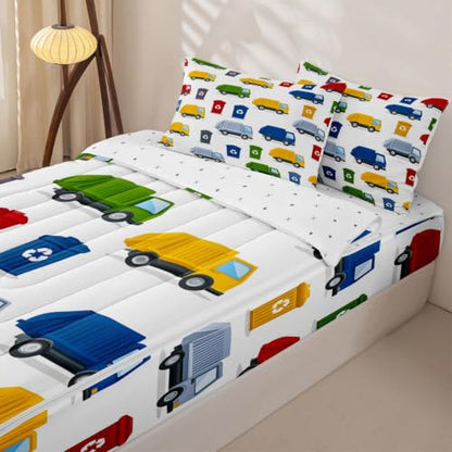 Kids Garbage Truck Comforter Set Twin with Zipper Bedding and Pillowcases - Cloud White & Traffic Palette