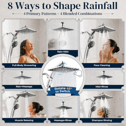 Chrome 10-Inch Square Shower Head with Handheld Multi-Pattern Spray