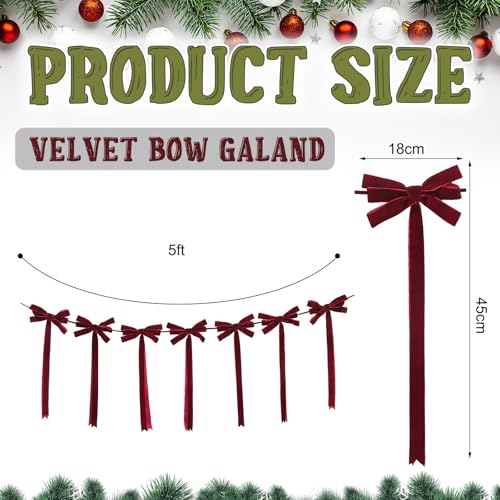 Christmas Velvet Bow Garland - Burgundy, 59 Inch, Wine Red Variation