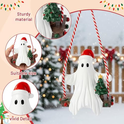 Halloween Ghost Swing Ornament with Santa Hat - Holiday Seasonal Decor