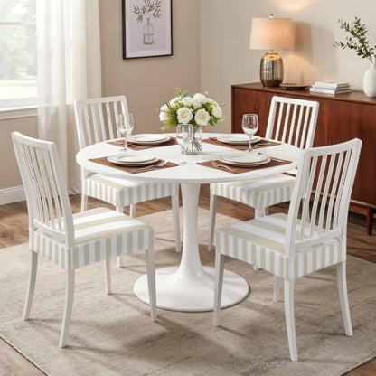 Beige Stretch Chair Covers Set of 6 - Cream Striped Dining Seat Protectors
