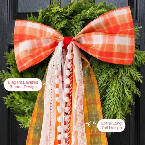 Fall Harvest Wreath Bow - Large Autumn Front Door Decor 27x13 Inches - Orange Variation