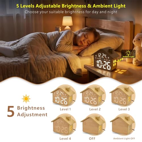 Brown Wooden Digital Alarm Clock with Large Display, Dual Alarms, Ambient Light, Bedroom Decor