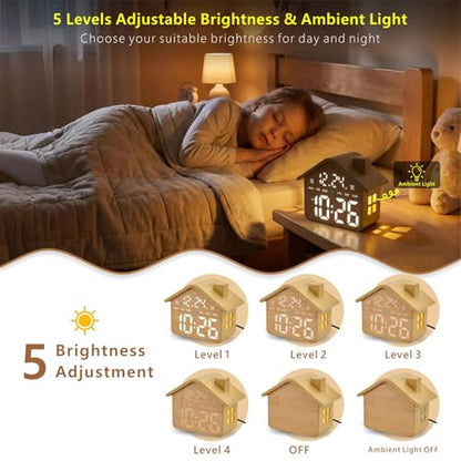 Brown Wooden Digital Alarm Clock with Large Display, Dual Alarms, Ambient Light, Bedroom Decor