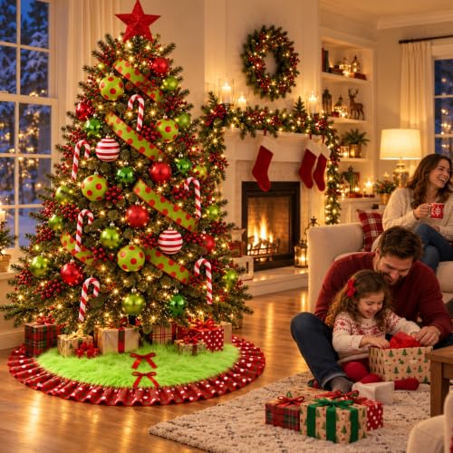 Wninbu Lime Green Christmas Tree Skirt 60 Inch Red Ruffle Polka Dot Bows