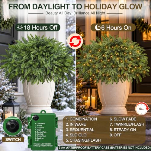 2 Pack 28-Inch Artificial Cedar Tree Urn Filler with Warm White LED Lights