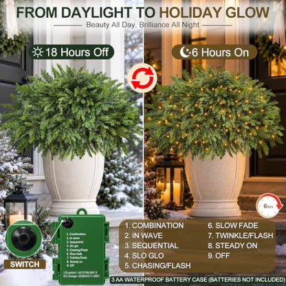2 Pack 28-Inch Artificial Cedar Tree Urn Filler with Warm White LED Lights