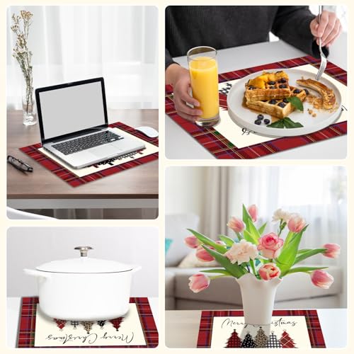 Christmas Trees Red and Black Plaid Waterproof Placemats Set of 4 - Winter Table Decor