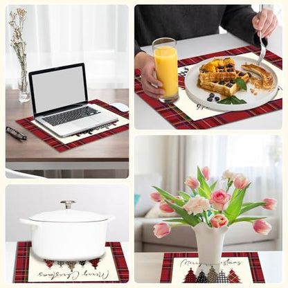 Christmas Trees Red and Black Plaid Waterproof Placemats Set of 4 - Winter Table Decor