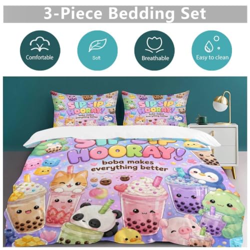 Cute Boba Tea Animals Kawaii Pattern Queen Duvet Cover Set 90x90 with Pillowcases