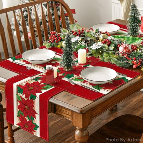 Watercolor Poinsettia Christmas Placemats Set of 4 - 12x18 Inch Seasonal Table Decor