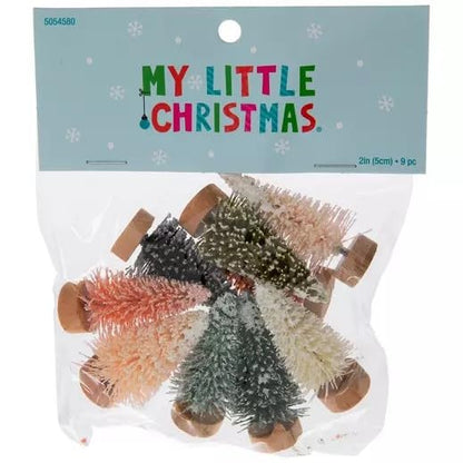 Mini Artificial Christmas Trees with Bases - 2 Inch, Set of 9 for Tabletop Decor
