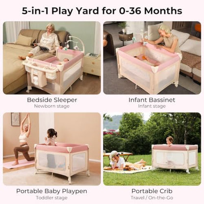Pamo Babe 5-in-1 Portable Bedside Crib Playard with Mattress - Pink