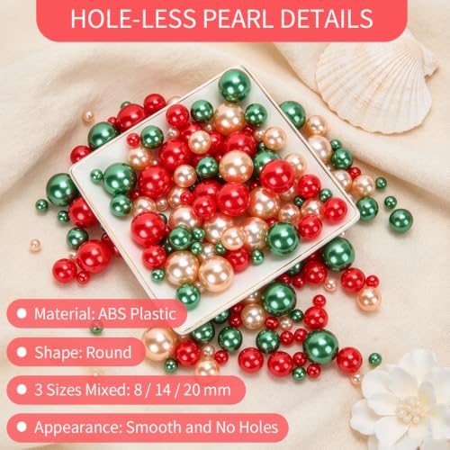 225PCS Christmas Vase Filler Beads - Red Green Champagne Gold No Hole Pearls for Decor & DIY Crafts