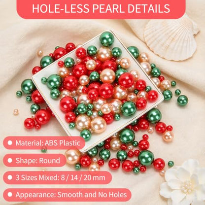 225PCS Christmas Vase Filler Beads - Red Green Champagne Gold No Hole Pearls for Decor & DIY Crafts