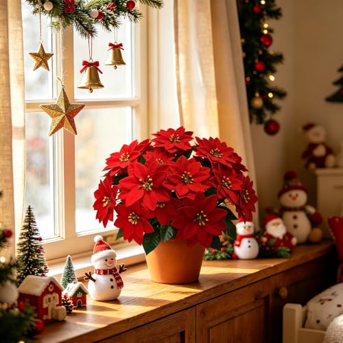Artificial Red Poinsettia Flowers - Realistic Holiday Christmas Decor - 6PCS