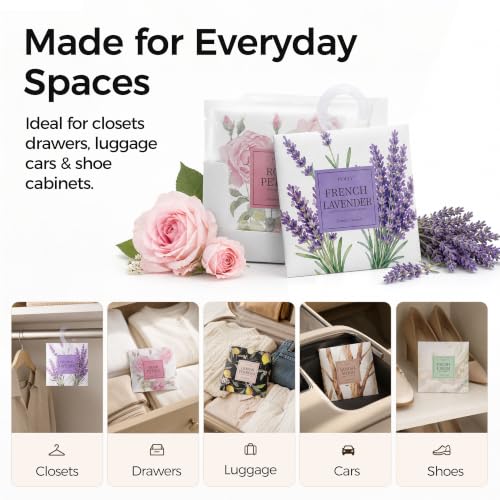 12 Pack Scented Sachets Assorted Fragrances for Small Spaces - Lavender, Vanilla, Lemon, Rose, Sandalwood, Linen - Double-Layer Leakproof Design