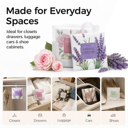 12 Pack Scented Sachets Assorted Fragrances for Small Spaces - Lavender, Vanilla, Lemon, Rose, Sandalwood, Linen - Double-Layer Leakproof Design