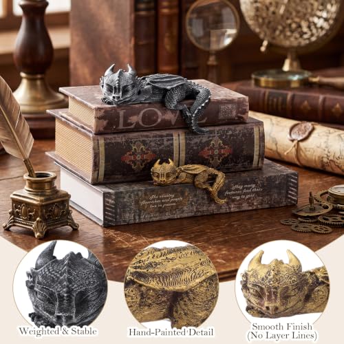 Sleeping Dragon Bookend Set - Fantasy Black & Gold Mythical Decor