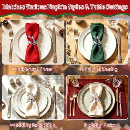 12 Pcs Christmas Silver Reindeer Napkin Rings Set of 12 for Holiday Table Decor