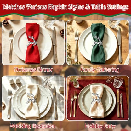 12 Pcs Christmas Silver Reindeer Napkin Rings Set of 12 for Holiday Table Decor