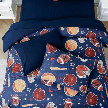 Glow in the Dark Blue Soccer Basketball Bedding Set Full Size for Boys Teen - 4 Pieces with Comforter Pillow Sham