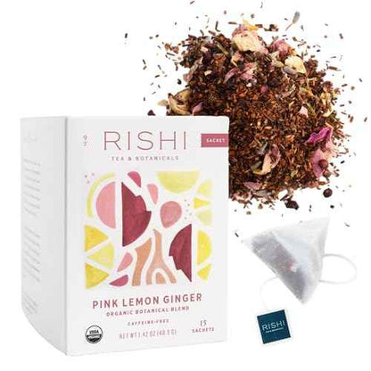 Rishi Tea Pink Lemon Ginger Herbal Tea - Organic, Caffeine Free Sachet Bags, Tangy & Naturally Sweet Botanical Blend, Enjoy Hot Or Iced - 15 Count (Pack Of 1)