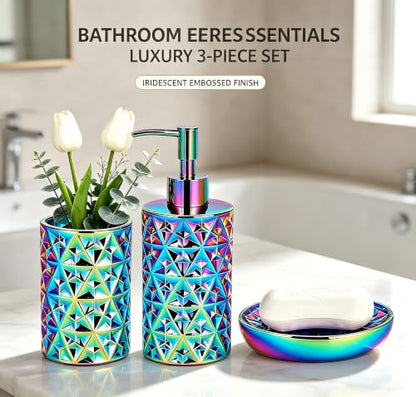 Rainbow Bathroom Accessories Set 3Pcs - Soap Dispenser, Soap Dish, Vase - Gold