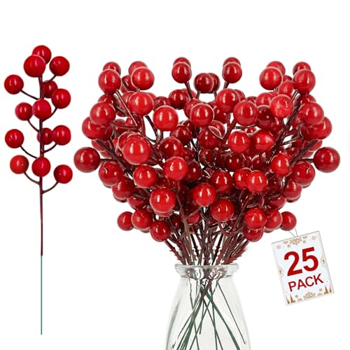 Grandeal 25 Pack Red Berry Stems Waterproof Holiday Decor for Christmas Tree Wreath Wreaths & Garlands - Standard