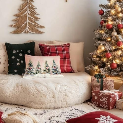 Christmas Tree Coquette Pink Bow Lumbar Pillow Cover 12x20 Pack of 1 - Girly Holiday Decor