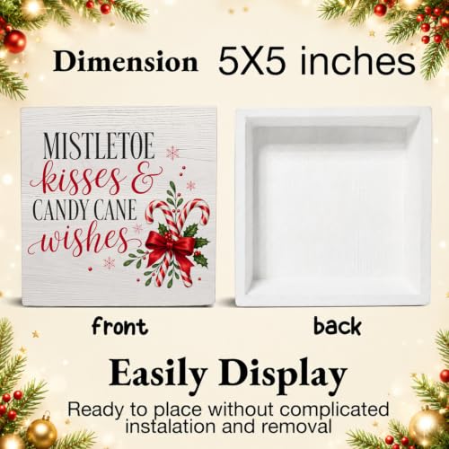 Christmas Candy Cane Mistletoe Wooden Sign - Wishes Holiday Table Decor