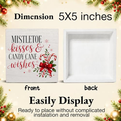 Christmas Candy Cane Mistletoe Wooden Sign - Wishes Holiday Table Decor