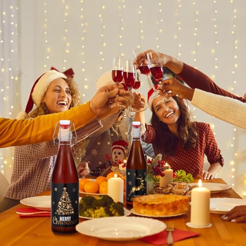 Maxcheck 6 Pack 16oz Swing Top Glass Bottles with Christmas Labels - Black & Gold