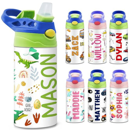 Personalized Kids Water Bottle | 12 Oz Double Wall Insulated Stainless Steel Tumbler | Custom Name Leak-Proof Cup with Straw | Back to School Gift for Toddlers, Children, Boys, Girls | Unicorn