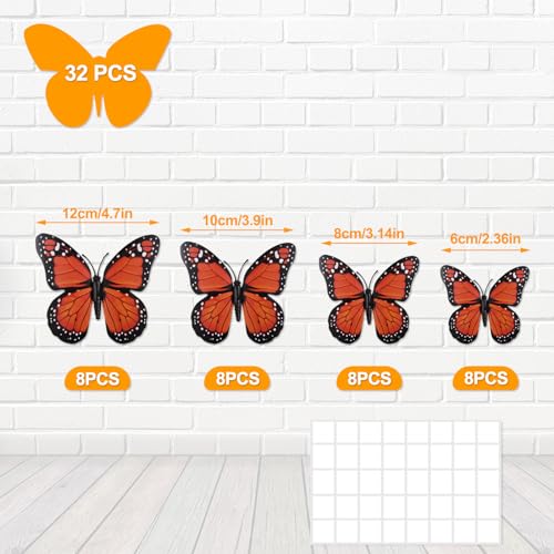 32 Pcs Monarch Butterfly Magnets - 4 Sizes Decorative Wall & Fridge Decals