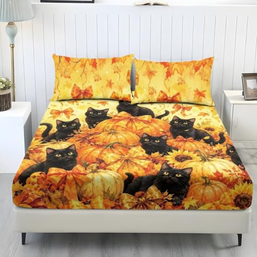 Fall Pumpkin Black Cat Fitted Sheet Set with Deep Pockets - Super Queen
