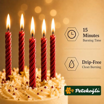 Petekoglu Handmade Beeswax Birthday Cake Candles - Red, 12 Pack Mini Twisted Candles
