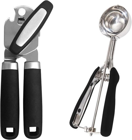 Gorilla Grip Can Opener & Spring-Loaded Scoop - Rust-Proof Stainless Steel | Comfortable Handle, Black