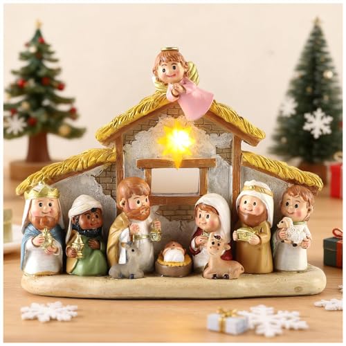 Nativity Scene Set with Praying Angel and LED Lights - 8 Inch Holy Family Statue with Multicolor Stable Variation