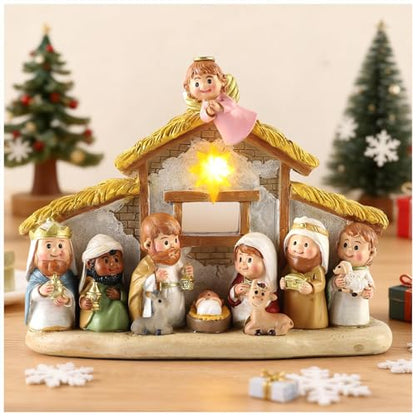 Nativity Scene Set with Praying Angel and LED Lights - 8 Inch Holy Family Statue with Multicolor Stable Variation