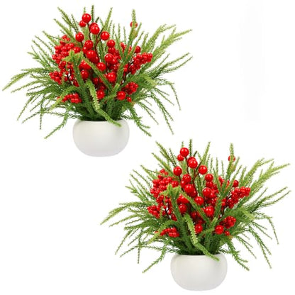 Red and Green 2-Pack Small Christmas Tree with Berries for Indoor Table Decor