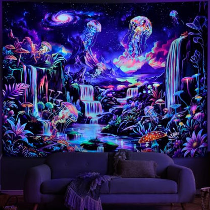 UV Reactive Galaxy Space Tapestry - Blacklight Neon Waterfall Wall Hanging with Variation Galaxy Space 59.1L x 51.2W inches