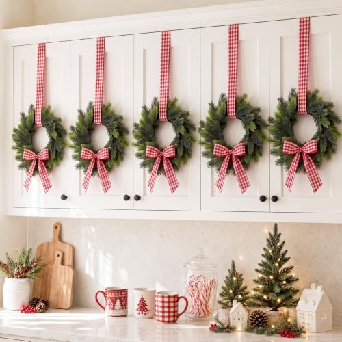 12 Pcs Mini Christmas Wreaths for Cabinets with Gingham Bow - Farmhouse Decor