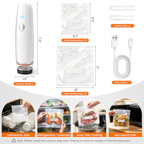 MZROT Compact Cordless Food Vacuum Sealer White with 30 Reusable Bags