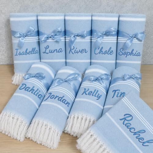 Personalized Turkish Beach Towel with Embroidered Name - Light Blue, Oversized 40 x 71 Inches Cotton, Bridesmaid Gift & Bachelorette Party Favors