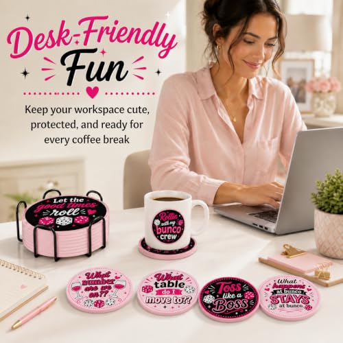 Pink Black Ceramic Coasters Set with Metal Holder - Bunco Party Supplies 6-Pack
